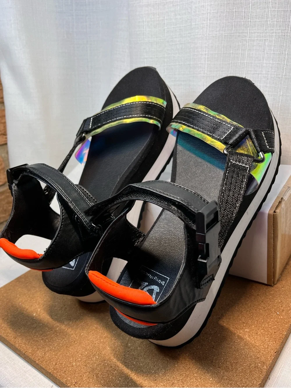 Dirty Laundry Platform Sandals Size 9 Black Holographic Neon Orange Y2K 90s Chun